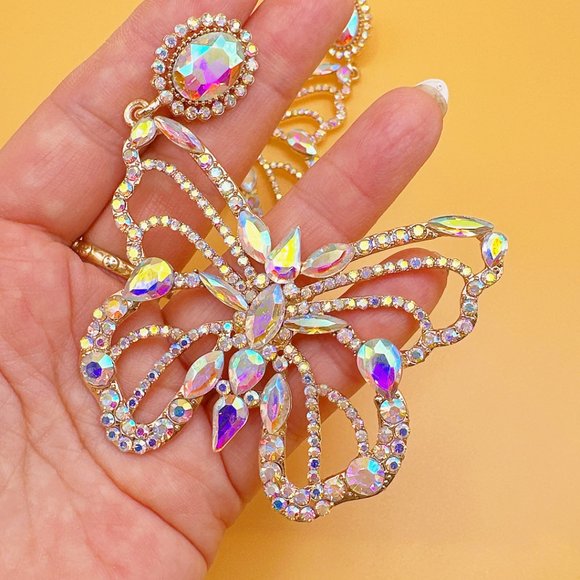 Aurora Borealis Rhinestone Large Butterfly Earring - Picture 4 of 11